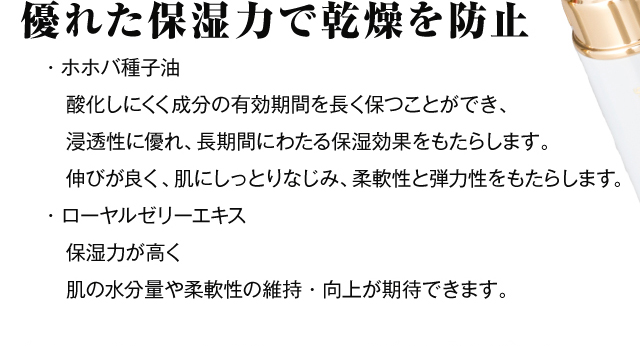 優れた保湿力で乾燥を防止　・ホホバ種子油　酸化しにくく成分の有効期間を長く保つことができ、浸透性に優れ、長期間にわたる保湿効果をもたらします。伸びが良く、肌にしっとりなじみ、柔軟性と弾力性をもたらします。　・ローヤルゼリーエキス　保湿力が高く肌の水分量や柔軟性の維持・向上が期待できます。